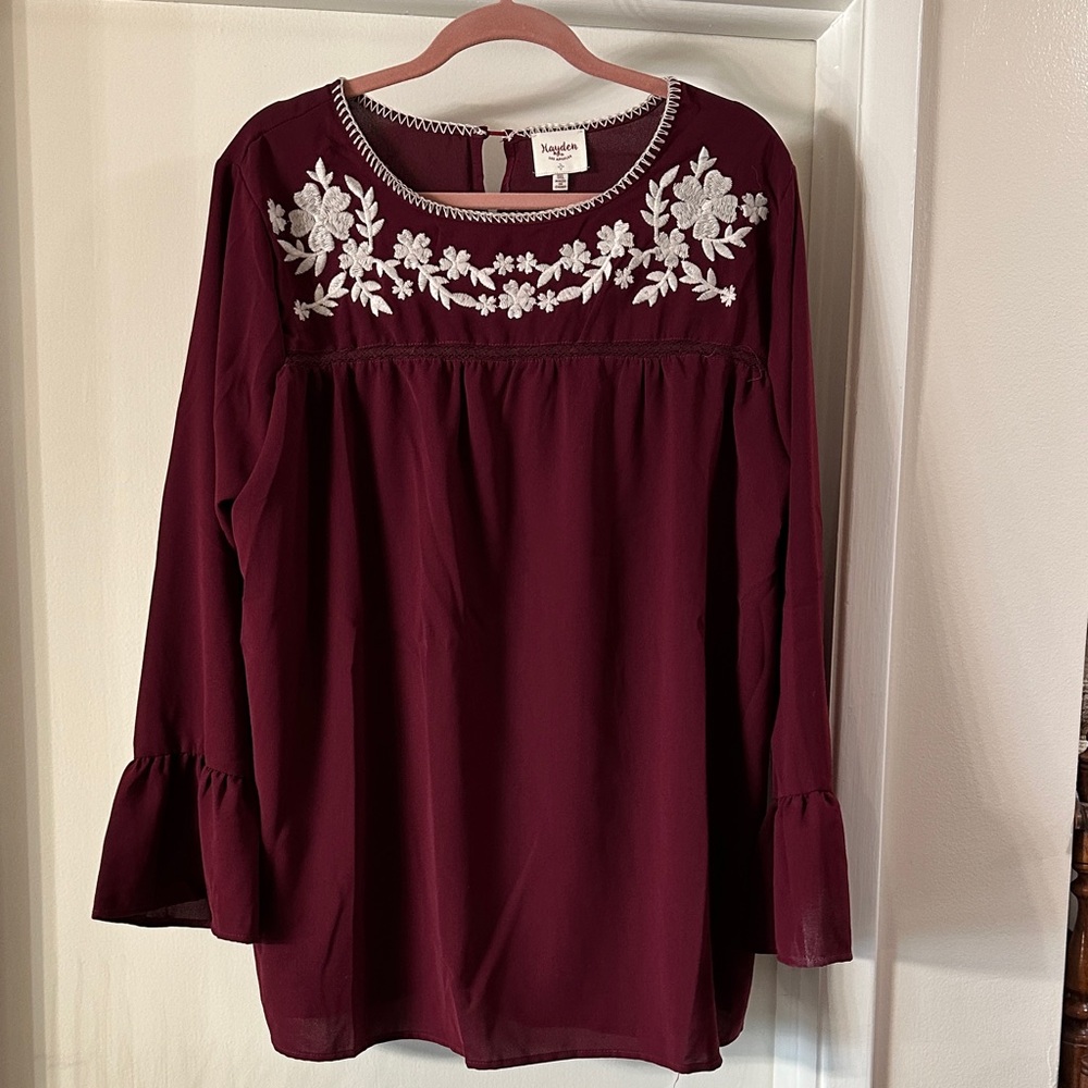 Chic Maroon Blouse with Floral Embroidery
